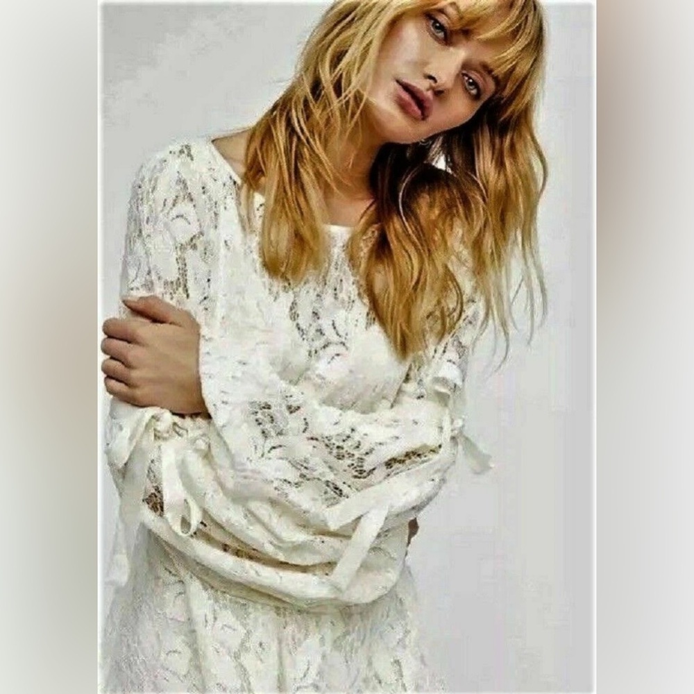 Free People Ruby Mini Lace Oversized Sheath Cottagecore Dress in Ivory, Large - Picture 3 of 12